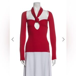 • THE ATTICO • Red Ribbed Knotted Off-Shoulder Knit Halter Top XS-S